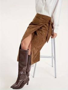 Women Elegant Faux Suede Wrap Skirt High Waist Mid Length Slit Skirt With Side Tie Bow Solid Color Autumn Spring Skirts