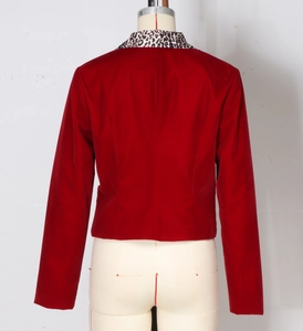 Back view detail of women red velvet blazer featuring leopard print collar stitching