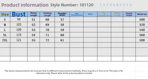 Detailed size chart for minimalist blazer with bust, sleeve, and length measurements