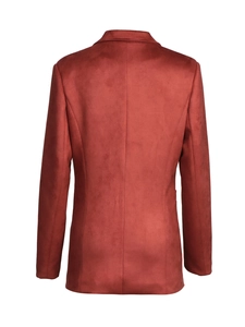 Back view of elegant dark red faux suede blazer with a slim fit tailored cut for women