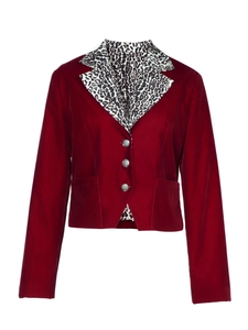 Detail of burgundy velvet blazer with leopard print lapel and texture buttons
