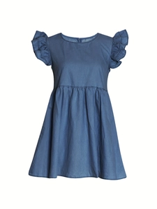 Elegant blue denim dress for girls with flutter sleeves and round neck detail