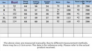 Detailed size chart for women's two-piece set including bust, waist, and hip measurements