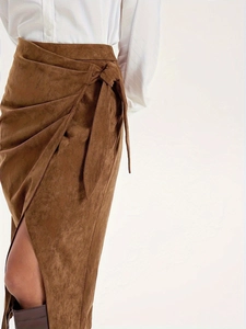 Elegant brown faux suede wrap skirt with high waist and side tie detail for women