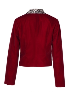 Back view of slim fit red velvet blazer with leopard print collar for women