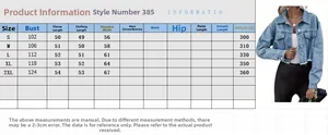Detailed size guide for denim jacket featuring bust, sleeve, and length measurements
