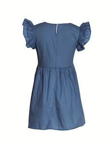 Elegant girls dark blue denim dress with round neck and ruffle sleeves in cotton