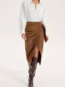Elegant brown suede wrap midi skirt with side tie knot and slit detail for women
