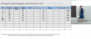Size chart for women denim overall dress style 3421 from S to 2XL with measurements