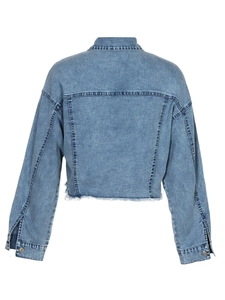 Back view of light blue cropped denim jacket for women with stylish frayed hem details