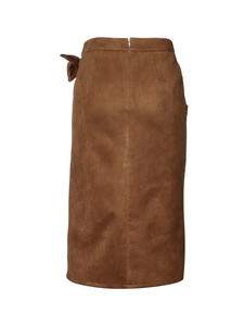 Detail of waist-tied knot and premium faux suede texture on elegant brown midi skirt