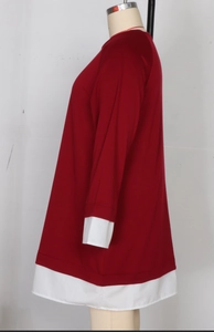 Detail of red and white color-block design on casual loose long sleeve dress for women