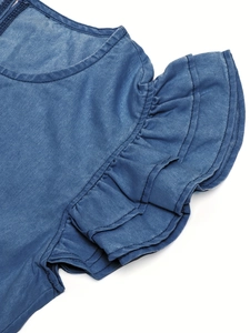 Elegant dark blue denim dress featuring ruffled cuffs and a classic round neckline