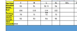 Detailed size guide table for women's French style long sleeve shirt in S to XXL sizes
