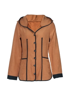 Detail view of caramel hooded jacket with black trim buttons and textured fabric