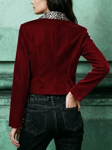 Women's burgundy velvet blazer with leopard print collar and elegant slim fit design