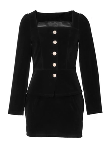 Close-up of gold buttons and satin trim on square neck black velvet dress set
