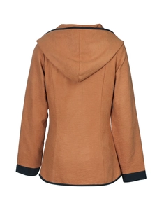 Rear view of camel hooded jacket with black trim and vertical decorative stitching