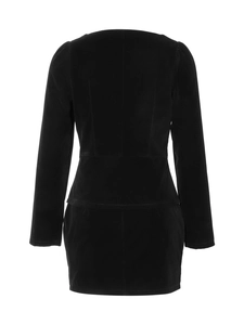 Detailed back view of elegant velvet long sleeve top with slim waist tailoring