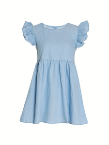 Detail of light blue denim dress showing ruffles sleeves and button crew neck texture