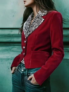 Women's slim fit velvet blazer in burgundy with leopard print collar and metal buttons
