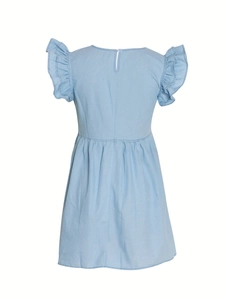 Detail of light blue denim dress with ruffled cap sleeves and high waist pleated skirt
