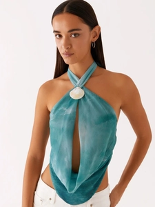 Débardeur Femme Sexy Dos Nu Licou Teinture par Nouage Bleu Vert Texture Satinée Cami Top Avec Décor Coquillage Soirée Été