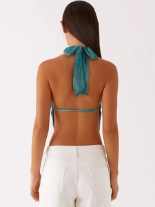 Haut dos nu bleu sarcelle élégant avec texture satinée et nœud papillon au dos