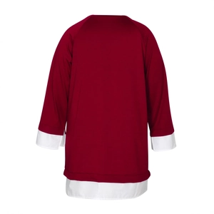 Rear view of a loose-fit Christmas red tunic with contrasting white ribbed cuffs and hem