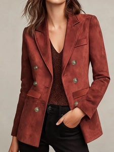 Elegant Faux Suede Women's Blazer Double Breasted Notch Lapel Jacket Retro Metal Buttons Wine Red Mid Length Fashion Top