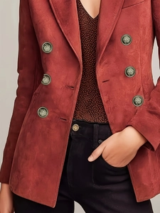 Women's double-breasted rust red textured blazer with vintage gold emblem buttons