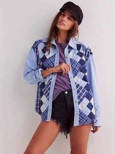 French Style Women Patchwork Plaid Long Sleeve Shirt Vintage Geometric Diamond Pattern Turn Down Collar Blouse Casual Top