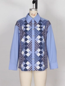 Women's blue patchwork plaid long sleeve shirt with diamond pattern and turn-down collar