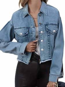 Women Fashion Cropped Denim Jacket Washed Blue Long Sleeve Frayed Hem Casual Button Up Jean Jacket Coat Outerwear