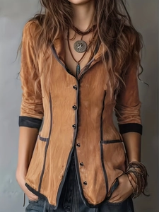 Women Hooded Jacket Retro Contrast Piping Single Breasted Caramel Long Sleeve Coat Distressed Vintage Slim Outerwear For Autumn Winter