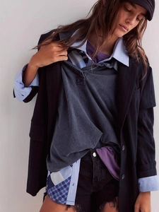 French casual plaid patchwork long sleeve shirt for women styled with a striped blazer