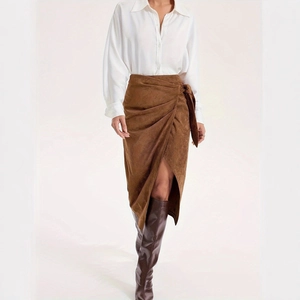 Elegant brown faux suede wrap skirt with waist tie and side slit for stylish women