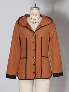 Women's solid hooded jacket in caramel brown with black piping and button closure