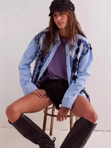 Bohemian patchwork long sleeve shirt with blue diamond patterns and a casual loose fit