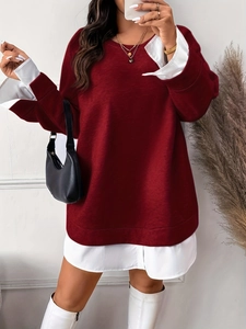 Women Oversized Fake Two-Piece Dress Elegant French Style Patchwork Long Sleeve Sweatshirt Midi Dress Casual Loose Fit
