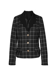Women's tailored black plaid blazer with golden buttons and a classic lapel collar