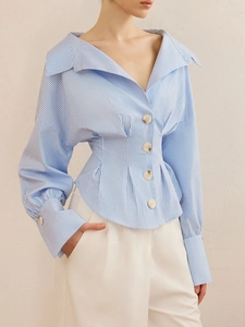 Chemise à Rayures pour Femmes Manches Longues Revers Large Taille Cintrée Haut Boutonné Sexy Coupe Ajustée Blouse Bleu Blanc