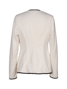 Rear view of beige fitted blazer with black contrast trim and slim tailoring seams