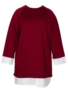 Elegant wine red plus size sweatshirt with round neck and white layered shirt hem and cuffs