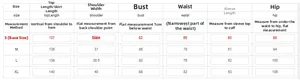 Detailed size guide table for women heart print jumpsuit covering S to XL measurements