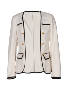 Short white tweed jacket for women featuring contrast black trim and gold buttons