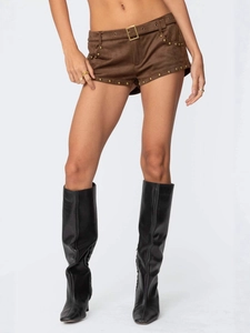 Damen Wildleder Optik Nieten Shorts Mit Gürtel Amerikanischer Streetstyle Rock Punk Hotpants Wildleder Shorts Für Herbst Winter