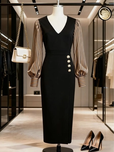Women V Neck Patchwork Stripes Long Sleeve Lantern Sleeve Slim Fit Dress Decorative Metal Buttons Office Lady Casual Dress