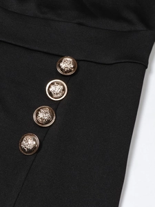 Elegant V-neck long dress with luxury gold crown embossed buttons on black fabric