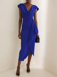 Robe Midi Élégante en Satin Bleu Roi Col Bénitier Drapée Plissée Robe de Soirée Formelle Femme Moulante Invitée Mariage